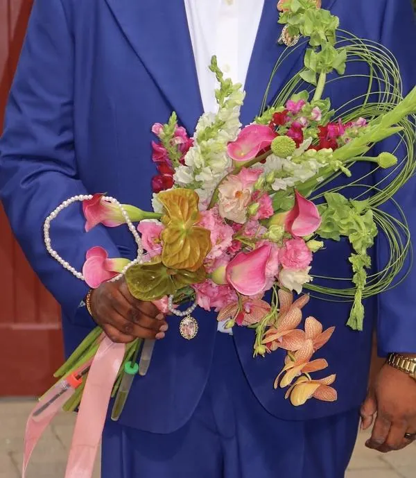 A cascading celebration bouquet