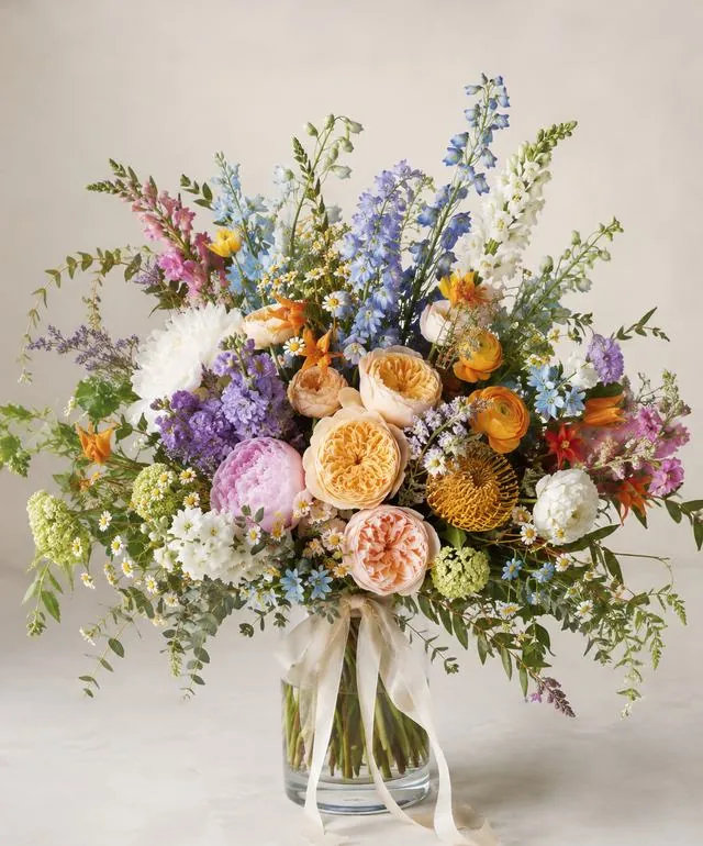 A generous garden-inspired arrangement of roses, delphinium, and colorful seasonal flowers in a glass vase