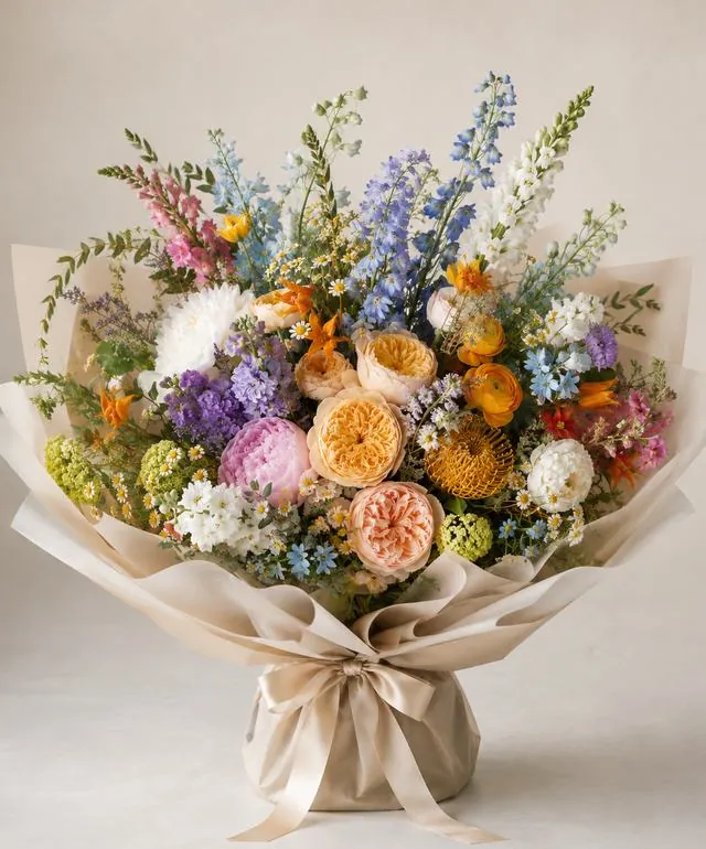 Grand Statement wrapped bouquet with garden roses, delphinium, ranunculus, and daisies
