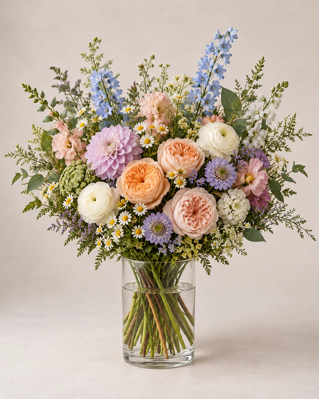A pastel floral arrangement in a clear vase