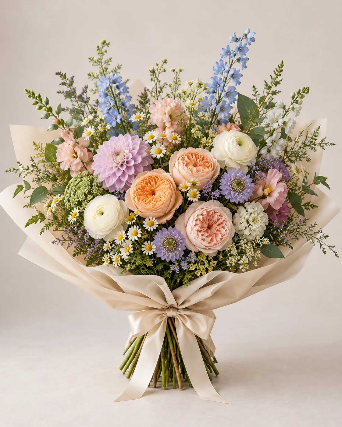 Luxe wrapped bouquet with peach garden roses, lavender flowers, ivory ranunculus, and pale blue delphinium
