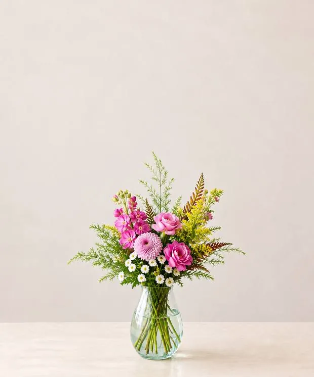 Petite vase arrangement of pink roses and daisies
